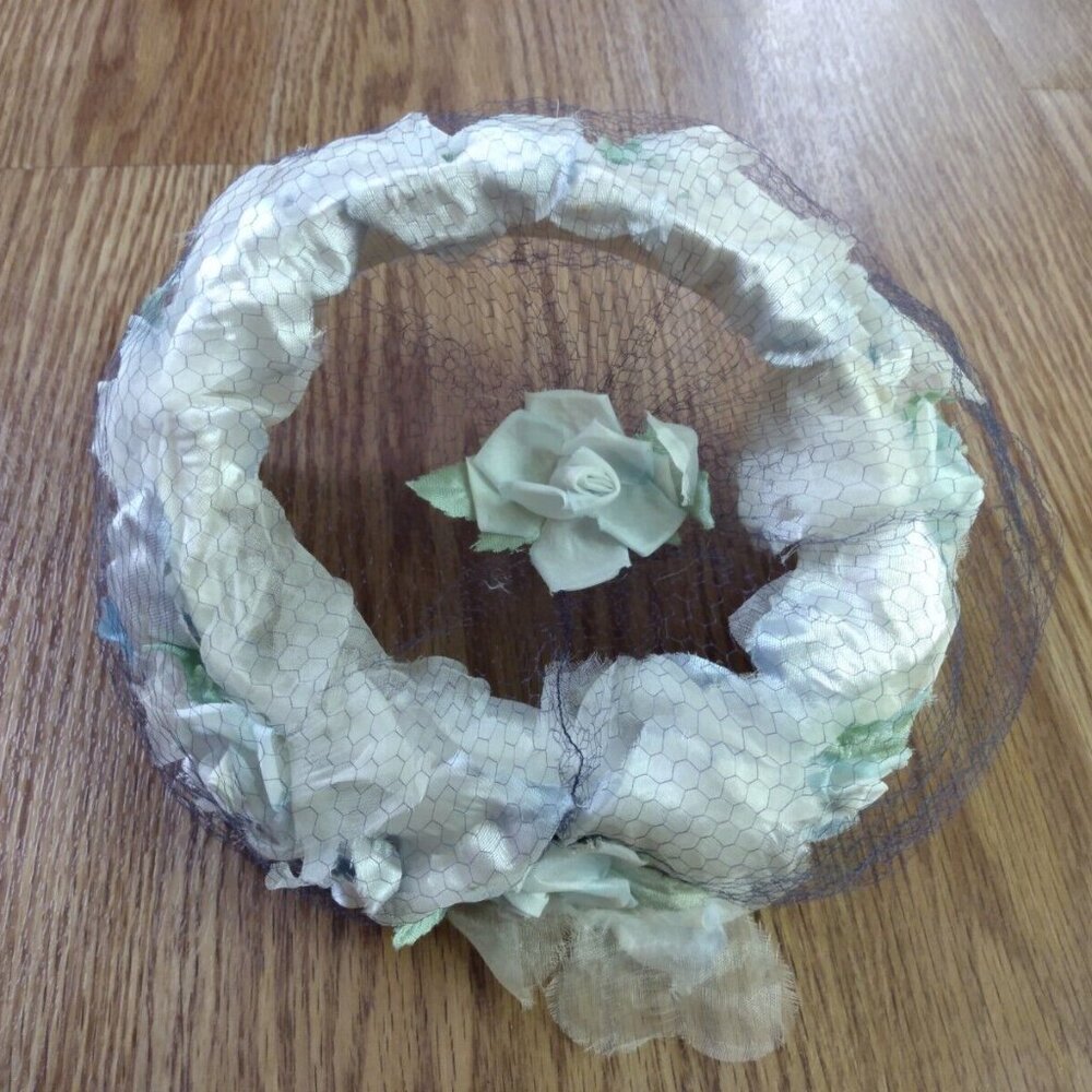 Vintage Flower Petal Hat Fluffy Crown Bonnet White Pale Blue Roses and Netting